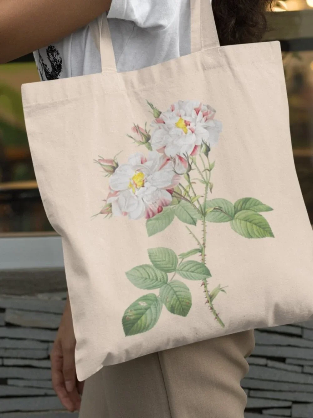Damask Rose Vintage Floral Print Graphic Canvas Tote Bag